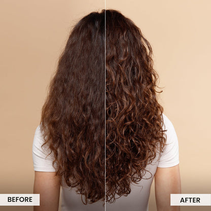 Before and after comparison of long, wavy hair on a person wearing a white shirt against a beige background.
