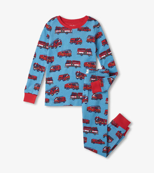 Hatley boys Firetrucks organic cotton pajama set in Blue/Red with long sleeves and matching pants.