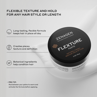 Zenagen Flexture Paste product benefits infographic featuring a 2 oz jar of the medium hold styler, detailing formula benefits for long-lasting flexible hold, piecey texture, definition, and botanical hair conditioning.