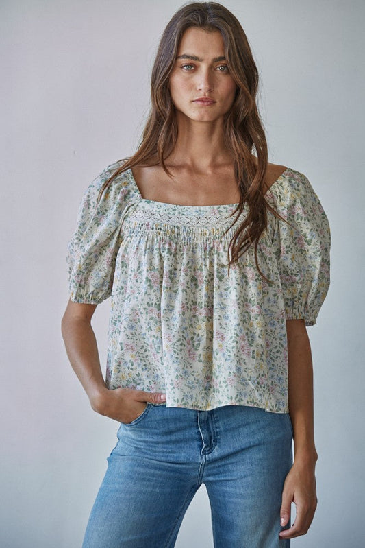 Floral Balloon Sleeve Square Neck Top