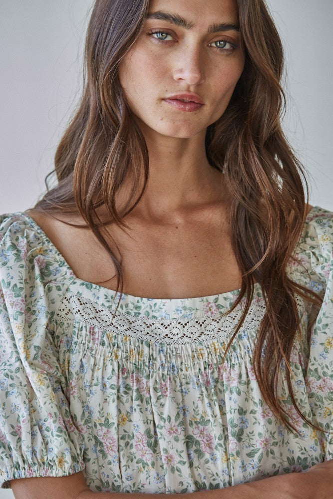 Floral Balloon Sleeve Square Neck Top