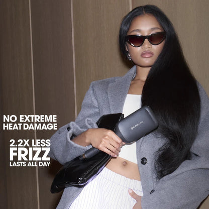 Woman holding a hair straightener with text about hair care benefits