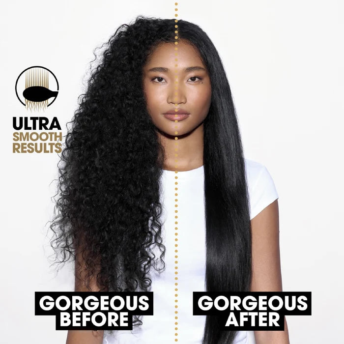 Before and after comparison of hair straightening results with a person wearing a white shirt.