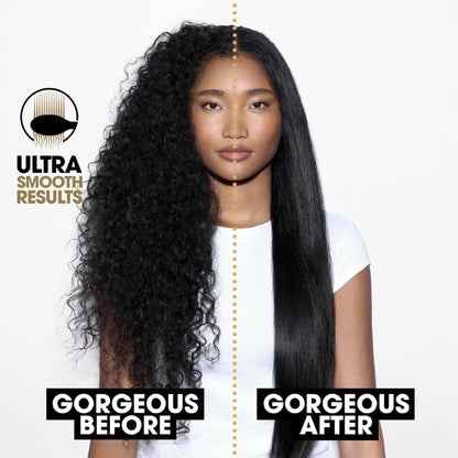 Before and after comparison of hair straightening results with a person wearing a white shirt.
