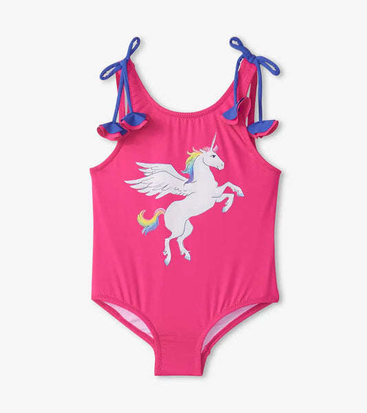 Hatley girls rainbow unicorn one-piece swimsuit in pink with shoulder bow straps