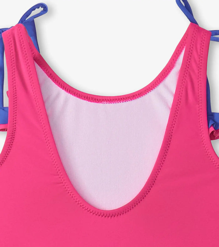 Close-up of Hatley girls swimsuit scoop back and lined body