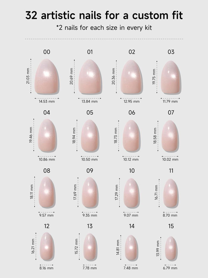 Chart showing 32 artistic nail sizes with measurements for a custom fit.