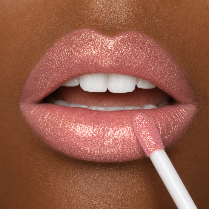 close-up lip image of a woman with a medium dark skin tone applying Runway Rogue Long Wear Liquid Lipstick in the shade Go See, a sheer baby pink with gold shimmer