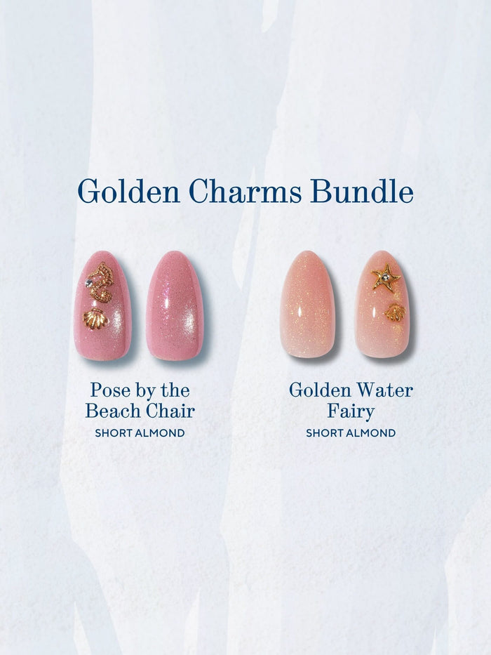 Nail art design bundle with pink nails and gold accents on a white background