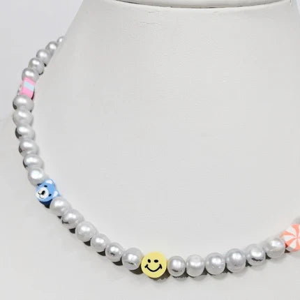 Gray Baroque Freshwater Pearl Necklace with Assorted Smiley Cat Face Beads