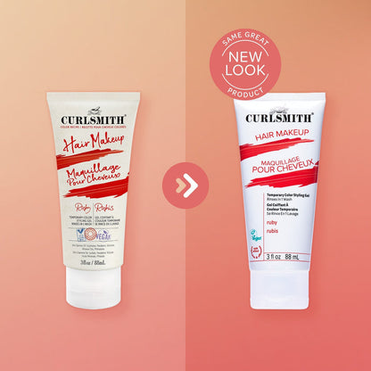 Two bottles of Curlsmith Hair Makeup on a peach background with a 'Same Great Product, New Look' label.