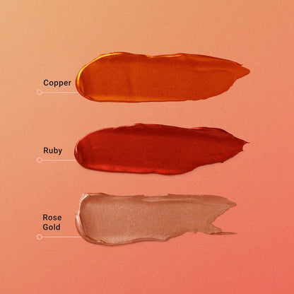 Three swatches of different metallic colors labeled 'Copper', 'Ruby', and 'Rose Gold' on a peach background.