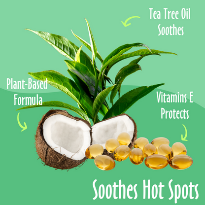Soothes Hot Spots elements like Tea Tree, Vitamins E, Plant-Based and their benefits.