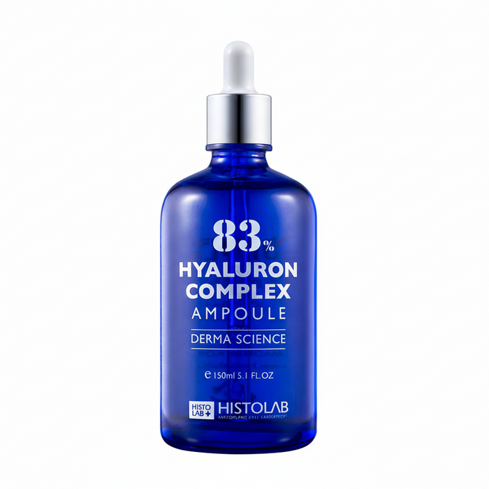 Blue bottle of 83% Hyaluron Complex Ampoule with Histolab branding on a white background