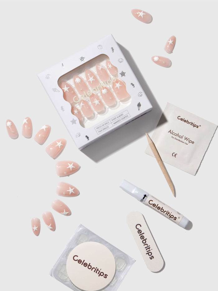 Celebritips nail care products including a box, alcohol wipes, and an applicator on a light background.