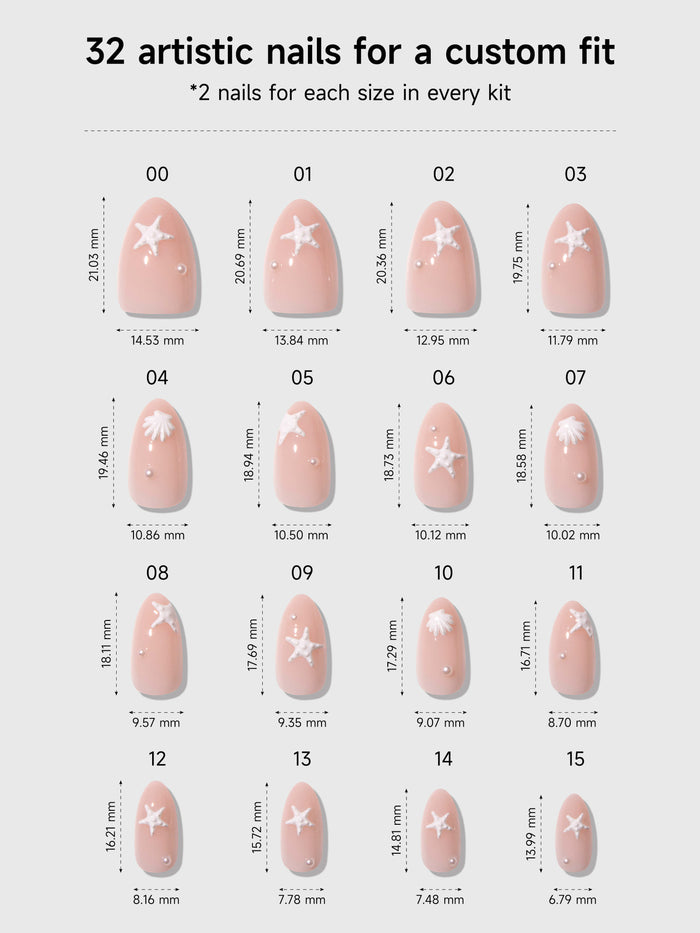 Chart showing 32 artistic nail designs with measurements for a custom fit.