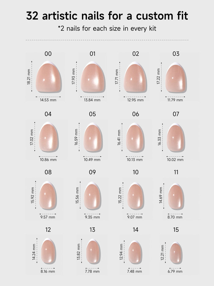 Chart showing 32 artistic nail sizes with measurements for a custom fit.