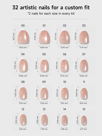 Chart showing 32 artistic nail sizes with measurements for a custom fit.
