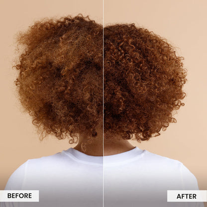 Before and after comparison of a person with curly hair on a beige background