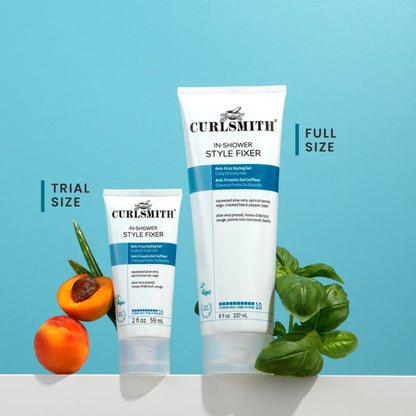 Two bottles of Curlsmith In-Shower Style Fixer with a blue background