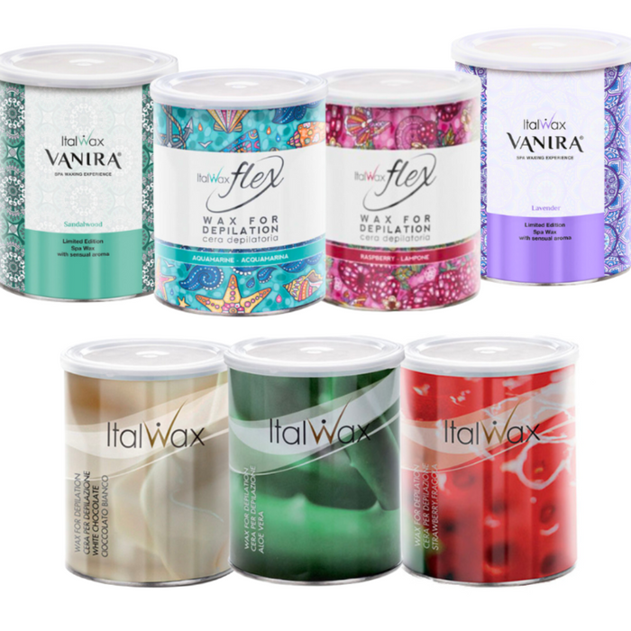A collection of Italwax hair removal wax tins in various colors and designs, labeled for different hair removal applications.