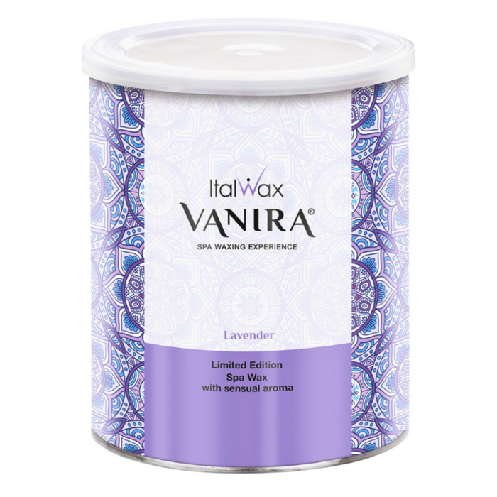 W396 Italwax 800g Vanira Spa Lavender Cold Wax | A cylindrical metal tin of Italwax Vanira Lavender spa wax, featuring a white lid, a white central label with black text, and a purple lower section with a blue and white geometric patterned border.