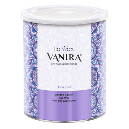 W396 Italwax 800g Vanira Spa Lavender Cold Wax | A cylindrical metal tin of Italwax Vanira Lavender spa wax, featuring a white lid, a white central label with black text, and a purple lower section with a blue and white geometric patterned border.
