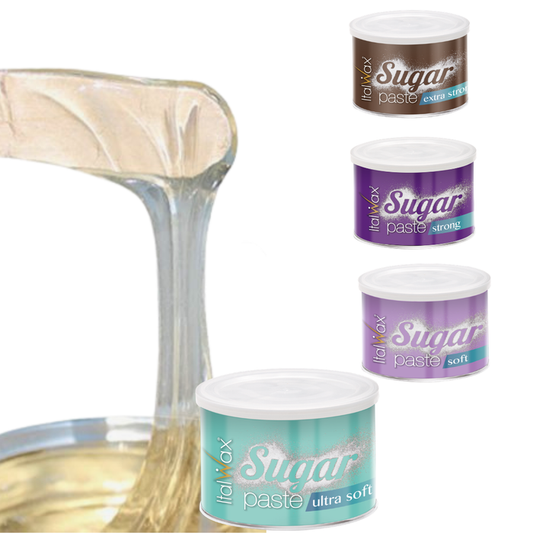 W353 Italwax Soft Sugar Paste Wax | Four jars of Italwax Sugar Paste wax shown in different strengths (extra soft, strong, soft, ultra soft) in brown, purple, and teal packaging, alongside a demonstration of the wax being melted and stretched into a clear, elastic thread.