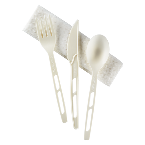 Karat Earth CPLA Compostable Cutlery Kits (Knife, Fork, Tea Spoon, 2-ply Napkin), Heavy-Weight, White (250 sets/case)