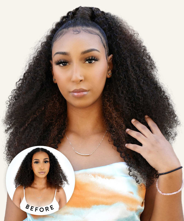 A young woman flaunts voluminous curly hair in a high ponytail, wearing a strapless top. An inset shows her before with looser curls and less volume.