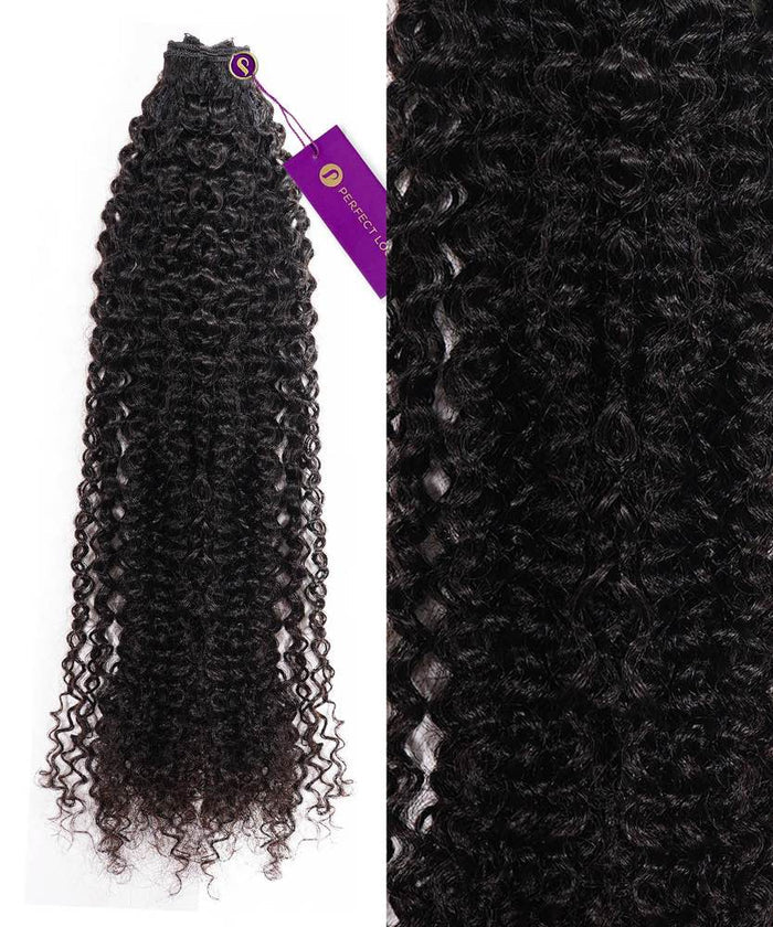 A bundle of tightly coiled, dark curly hair extensions is shown; left side shows full length with tag, right side close-up of curls.