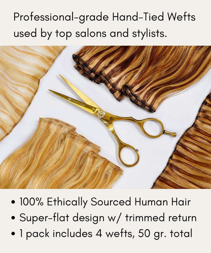 Bundles of light and dark hand-tied hair wefts arranged around gold scissors highlight ethical sourcing and salon-quality details.