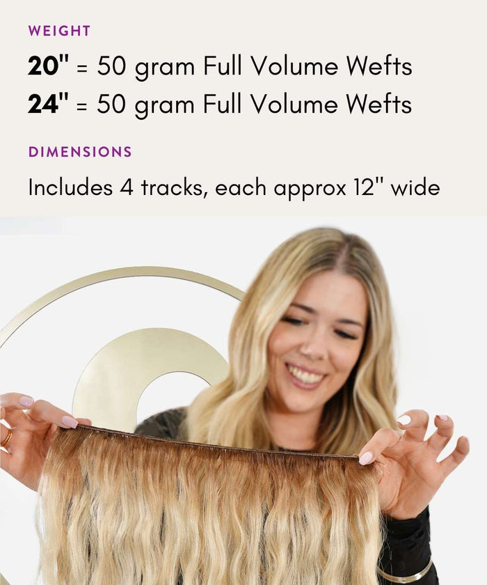 A woman with long blonde hair smiles, holding wavy hair extensions—20 and 24 wefts at 50g, each with four tracks, 12" wide.