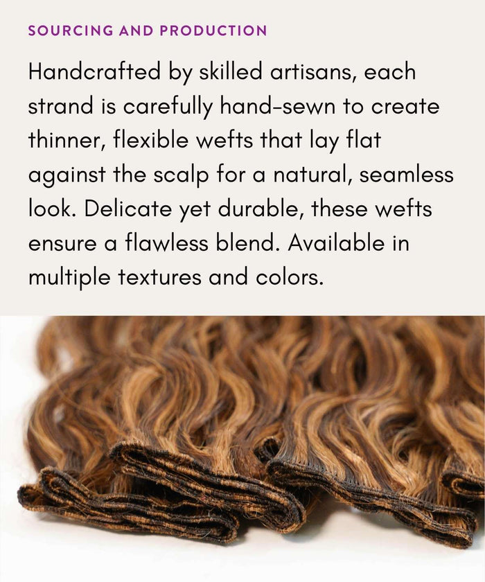 Close-up of brown, wavy hair extensions in neat rows, showcasing handcrafted, flexible wefts for a seamless, natural look.
