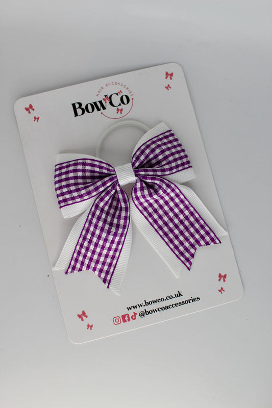 Layer Tail Bow - Purple and White Gingham - Elastic