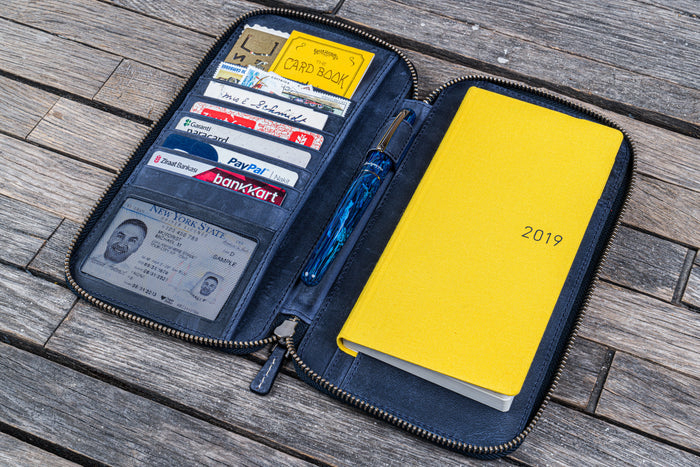 Leather Zippered Hobonichi Weeks Mega Cover - Crazy Horse Navy Blue