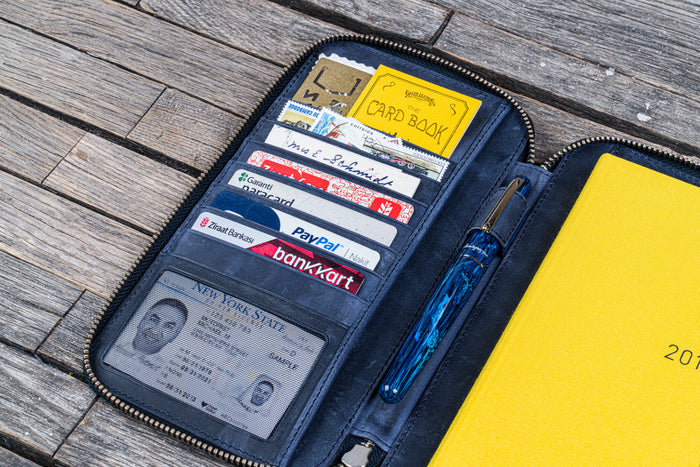 Leather Zippered Hobonichi Weeks Mega Cover - Crazy Horse Navy Blue