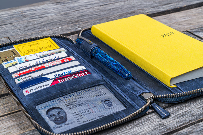 Leather Zippered Hobonichi Weeks Mega Cover - Crazy Horse Navy Blue