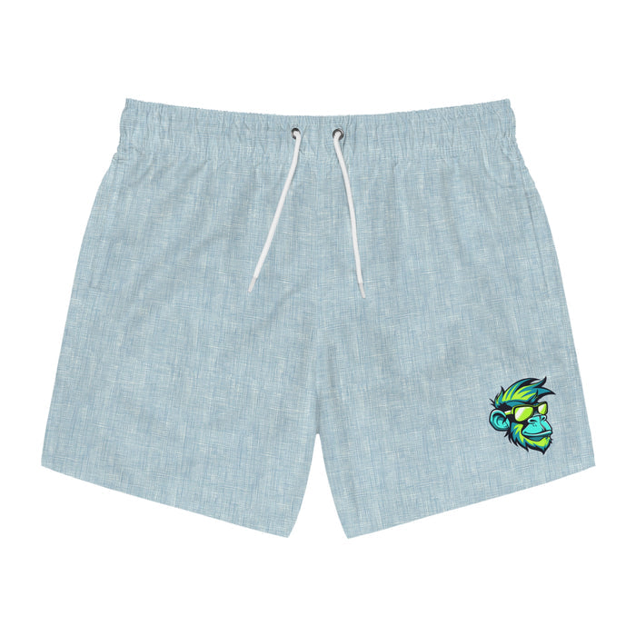 Light Blue Linen Swim Trunks with Tropical Monkey Patch — Men's Beach Shorts