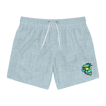 Light Blue Linen Swim Trunks with Tropical Monkey Patch — Men's Beach Shorts