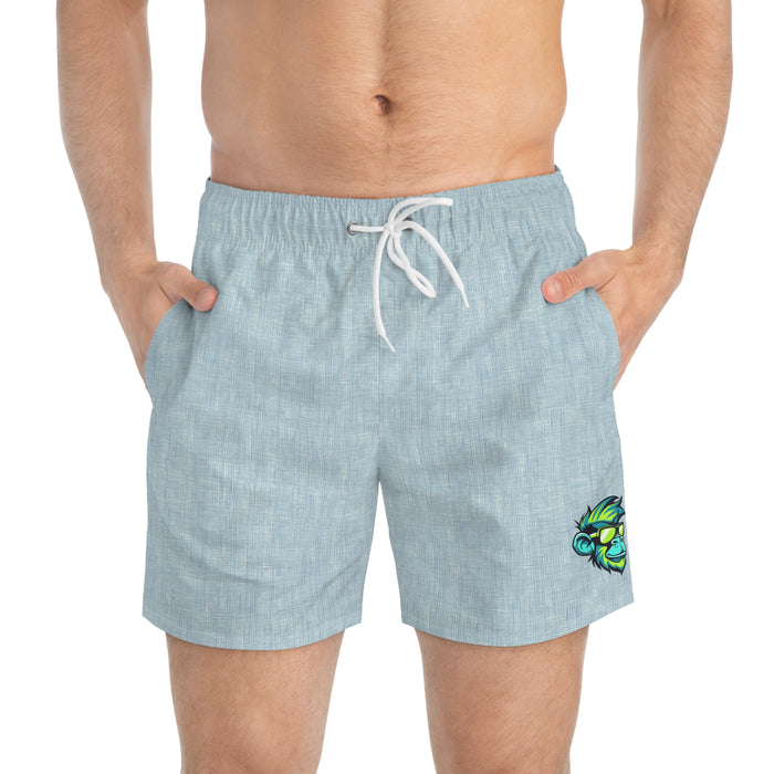 Light Blue Linen Swim Trunks with Tropical Monkey Patch — Men's Beach Shorts