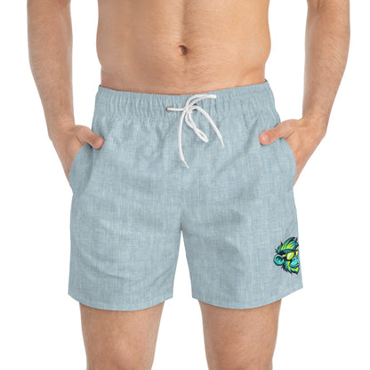 Light Blue Linen Swim Trunks with Tropical Monkey Patch — Men's Beach Shorts