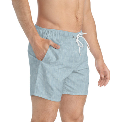 Light Blue Linen Swim Trunks with Tropical Monkey Patch — Men's Beach Shorts