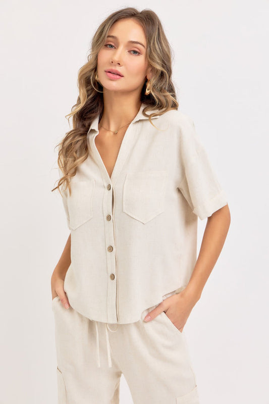 Linen Blend Button Down Casual Shirt