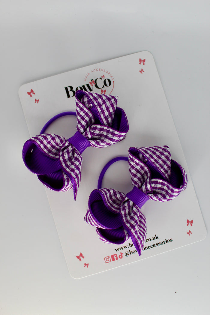 Loop Bow Set - Purple Gingham School Bow - Elastic