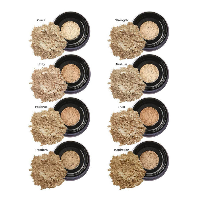 INIKA Organic Loose Mineral Foundation swatches with shade names.