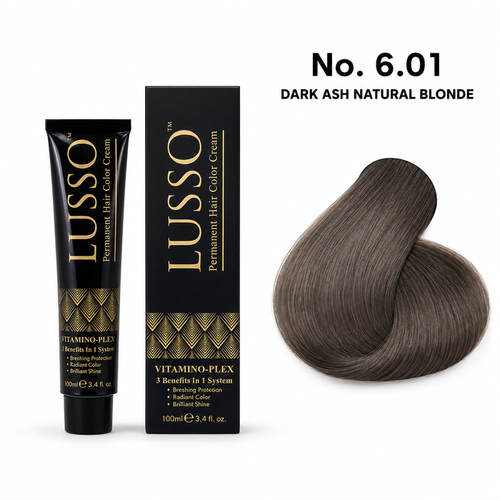 LUSSO Permanent Hair Colour Cream 100 ml No. 6.01 Dark Ash Natural Blonde with colour swatch