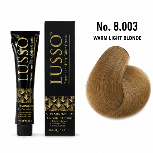 LUSSO Permanent Hair Colour Cream 100 ml No. 8.003 Warm Light Blonde with colour swatch