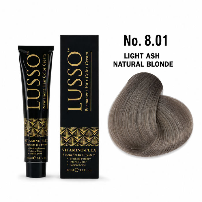 LUSSO Permanent Hair Colour Cream 100 ml No. 8.01 Light Ash Natural Blonde with colour swatch