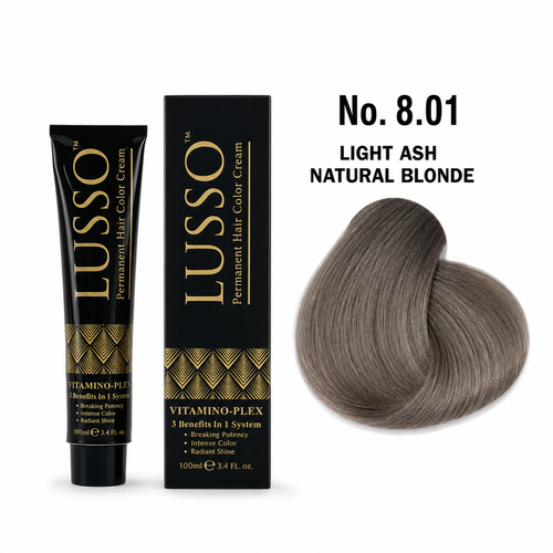 LUSSO Permanent Hair Colour Cream 100 ml No. 8.01 Light Ash Natural Blonde with colour swatch